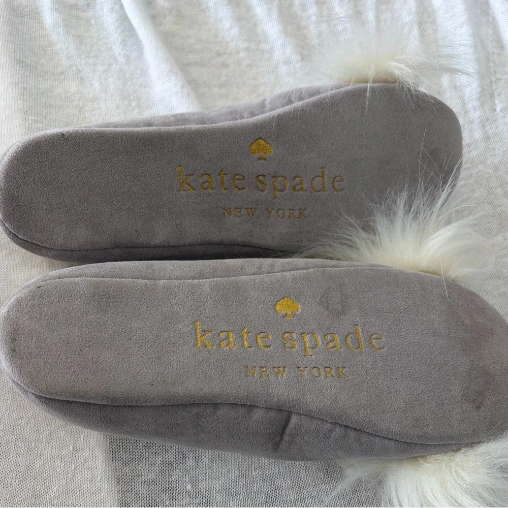 Kate Spade Owl Slippers Women Size 6 Gray Cream Faux Fur Sherpa Lined Whimsical